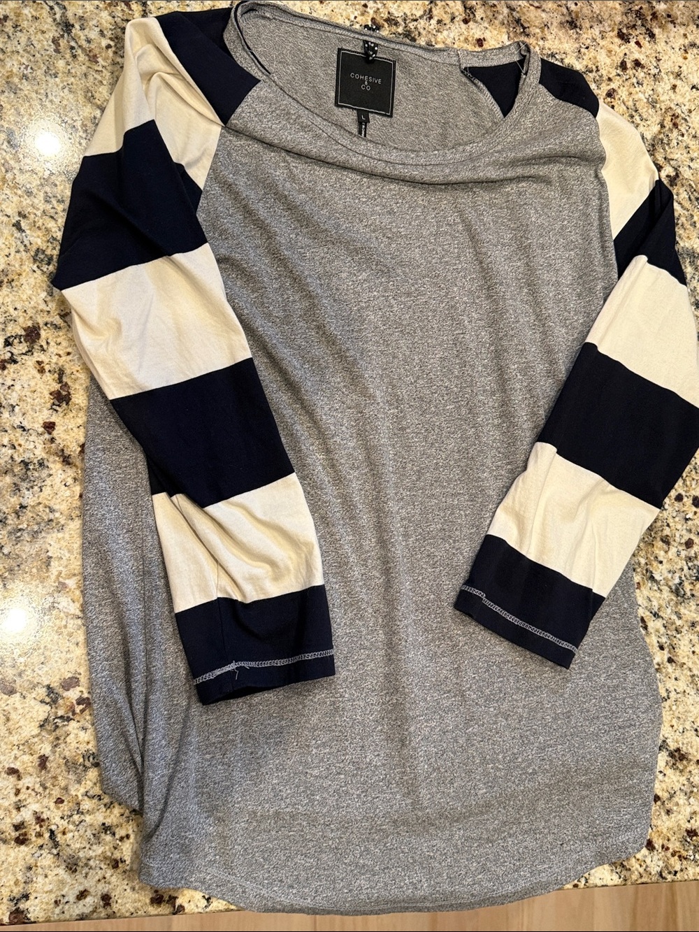 Converse Men’s Long Sleeve Heather Gray Tee with Navy & Cream Striped Sleeves